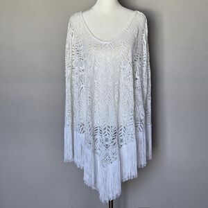 Inca Boho White Lace Fringe Poncho Swim Coverup O/S